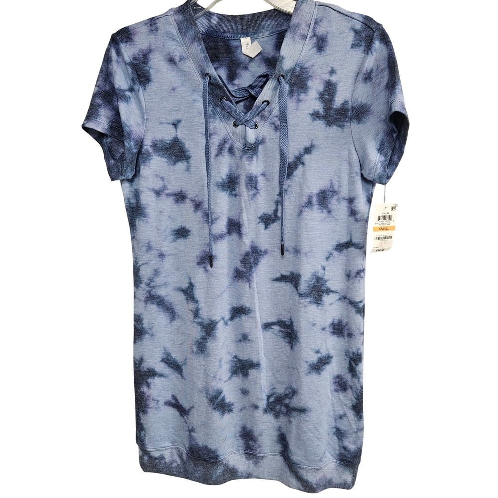 Ideology Womens Tie Dye Lace Up V-Neck Short Sleeve Top Indigo Sea Small NWT